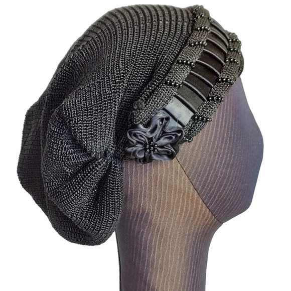 Vintage 40s Black Knit Beaded Snood Satin Rosette Detail - Picture 1 of 14